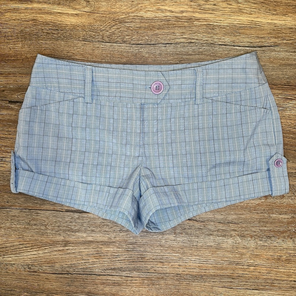 Tracy Evans Vtg Roll Tab Cuff Shorts Womens Size 9 Blue Grey Plaid Y2K